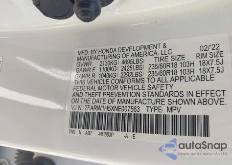 2022 Honda Cr-V 2Wd Ex from USA, damaged, VIN 7FARW1H5XNE007563